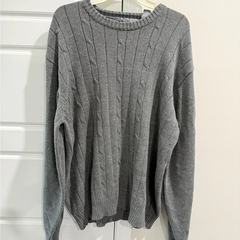 Oscar de la Renta Gray Cable Knit Crewneck Sweater XXL Cotton Quiet Luxury